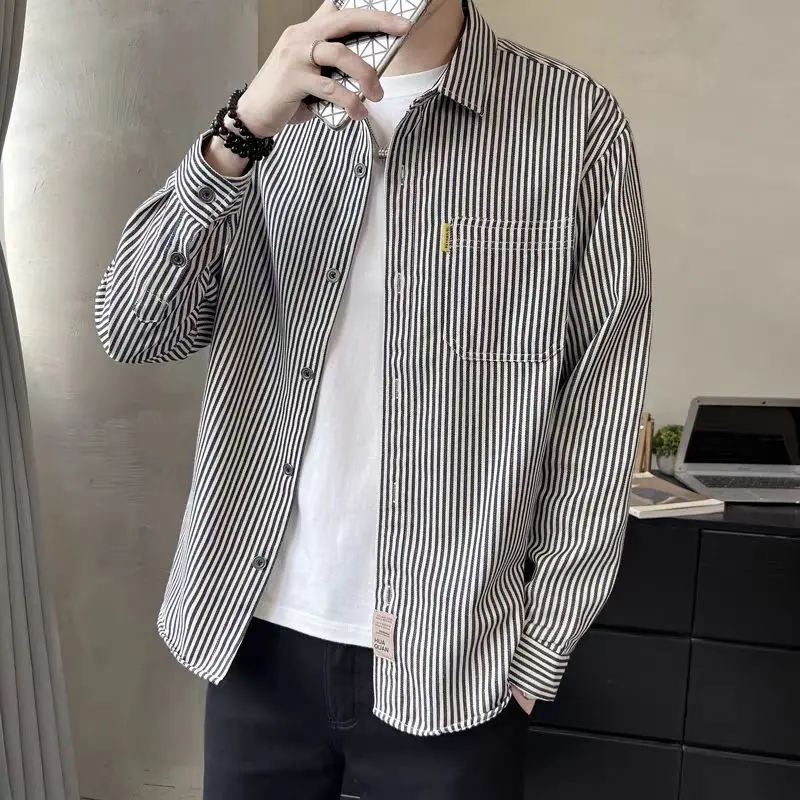 Shirt Male Vertical Stripes Korean Style Spring New Casual Overshirt Fashion Lapel Long Sleeve Loose Large Size Men's Top 2024