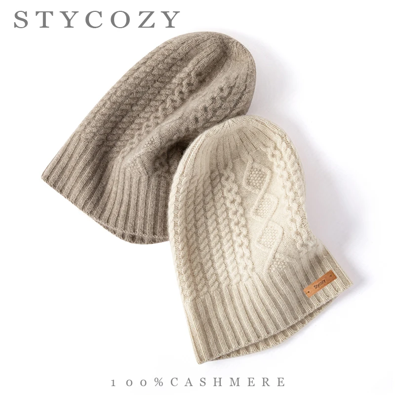 Women Men 100% Cashmere Cable Knit Winter Beanie Wavy & Diamond Pattern Ear Flap Hat  Warm Casual Cold Cap for Autumn Winter