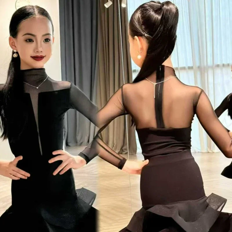 أسود اللاتينية الرقص فستان محكم من عند الصدر ويتدلى بشكل واسع للفتيات عالية الرقبة طويلة الأكمام شبكة 2 قطعة تنورة Chird تشا تشا رومبا أداء التدريب زي #5