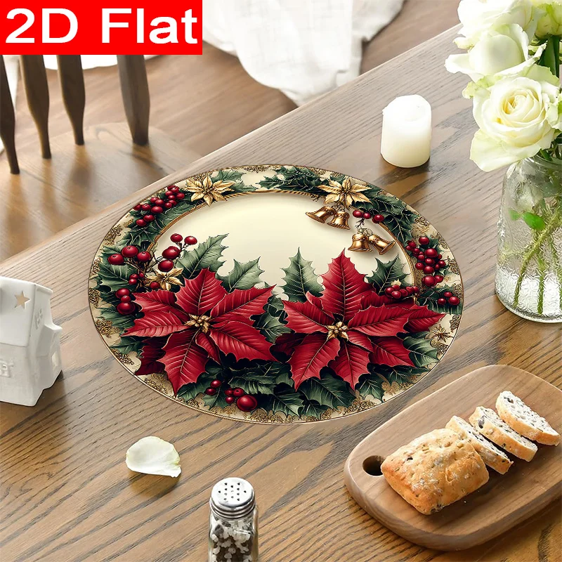 VIKAMA Round Christmas Placemats Holly Bell Poinsettia Linen Mats Non-Slip Heat Resistant for Classic Xmas Party Table Decor