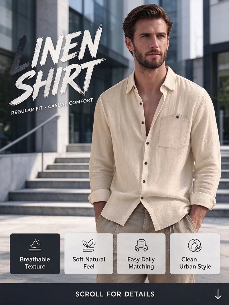Herren Frühling Herbst Einfarbiger Leinen-Cardigan Reverskragen Langarm-Hemd Atmungsaktives Knopf-Oberteil Tägliche Freizeit Outdoor-Bekleidung – Detail 1
