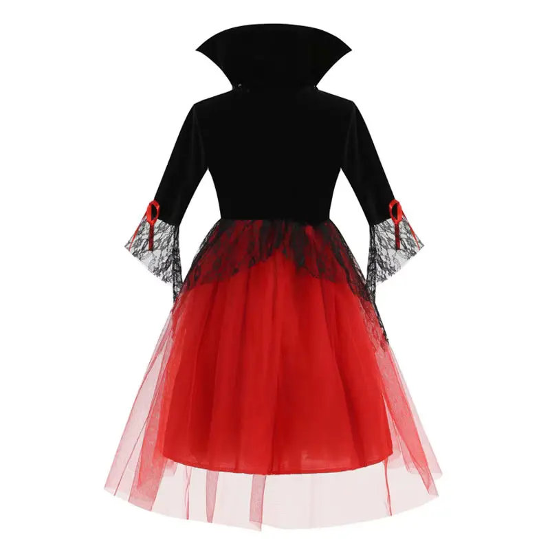 Vampir-Halloween-Kostüm für Mädchen, schwarz-rotes Spitzen-Tüllkleid, Gothic-Stil mit Stehkragen, Hexen-Cosplay, Karneval, ausgefallenes Partykleid – Detail 3