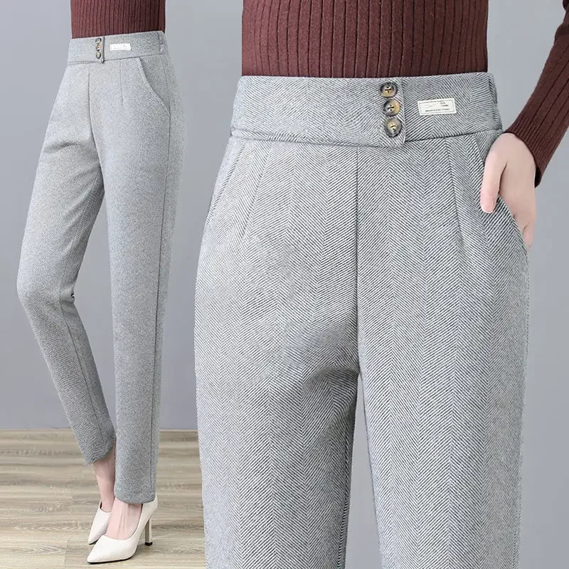 Pantalon Droit en Laine Épaisse pour Femme, Vêtement de Bureau, Bouton, Taille artificiel astique, Mode Décontractée, Couleur Unie, Surintendant, LJ210, Automne Hiver