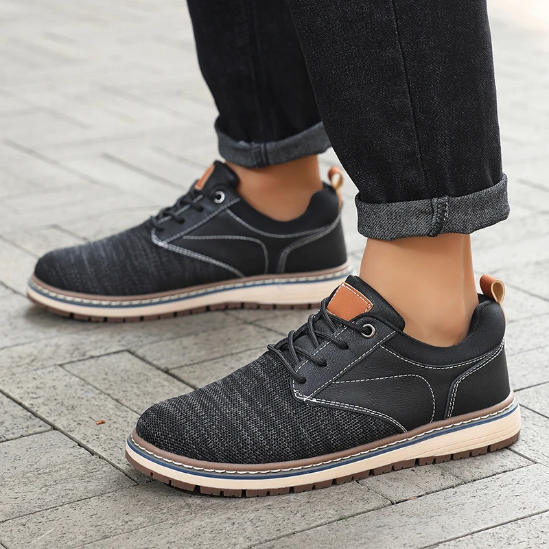 Men's casual Oxford shoes breathable knitted leather stitching sneakers fashion lace-up walking shoes non-slip outdoor work shoe