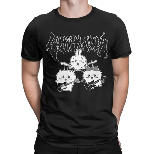 Imagen 2 del producto Camiseta de Heavy Metal Chiikawa Usagi Hachiware para hombre, ropa de algodón puro Meme, pantalón corto informal de manga con cuello redondo, camisetas estampadas