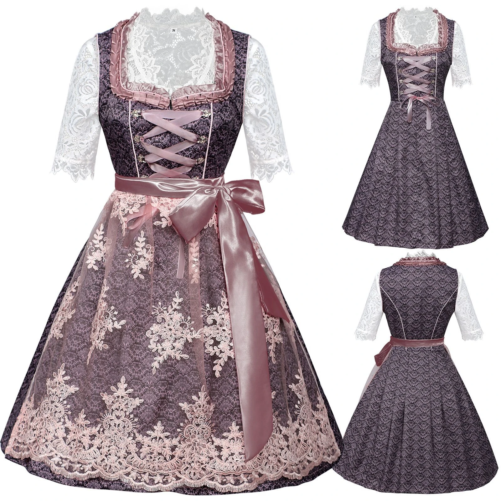 

Awwwcos Women Oktoberfest Costume Bavarian Beer Maid Outfit Lace Top Dress Apron Set German Dirndl Dress Halloween Outfits