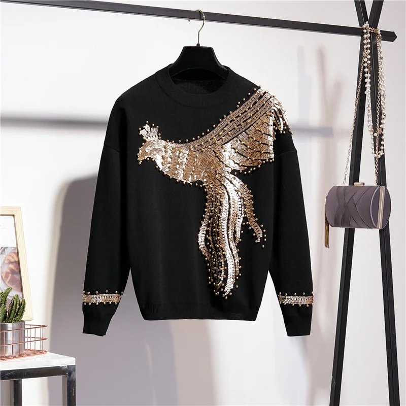 Black Beading Sequins Phoenix Knitted Tracksuit Women Outfits Autumn O Neck Pullover Long Pencil Pant Casual Knitwear 2Pcs set