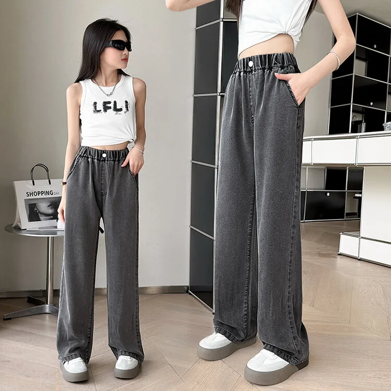 Girls' Thin Ice Silk Jeans Summer 2025 New Middle Children's Loose Straight Tube Pants Fashionable Wide Leg Pants Long Trousers