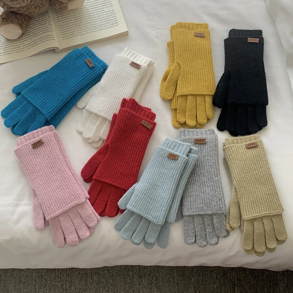 Female Fashion Korean Solid Long Gloves Women Knitted Ribbed Winter Warm Glove Detachable Double Layered Touch Screen Mittens