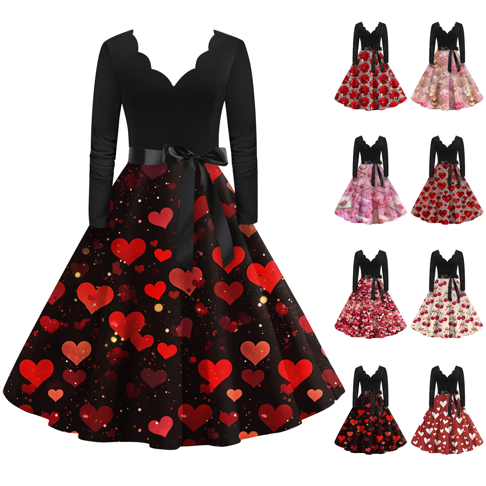 Dresses Heart-Print Dress Women Long-Sleeve Vintage A-Line Midi Dress Date Party Wedding Anniversary Evening 2026 Fashionable
