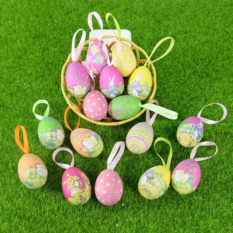 12pcs 6cm Easter Eggs Foam Colorful Bunny Bird Egg Hanging Pendants Ornament DIY Craft Happy Easter Party Decor Kids Favor Gifts