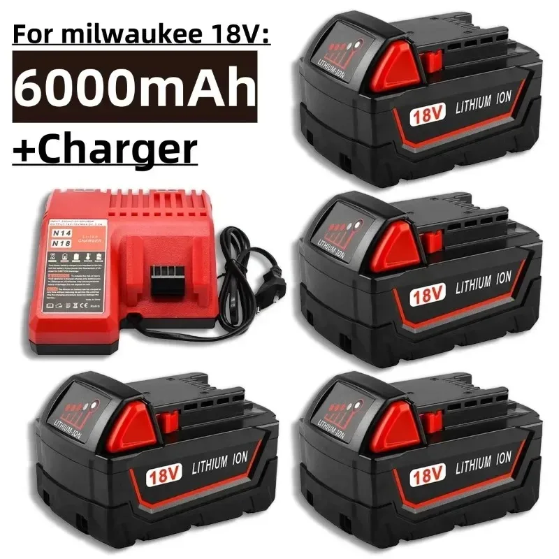 For Milwaukee M18 Power Tool Battery, Charger, BR, XC, Milwaukee18V, 6000mAh M18B5, 48-11-1860, Built-in 18650 Battery