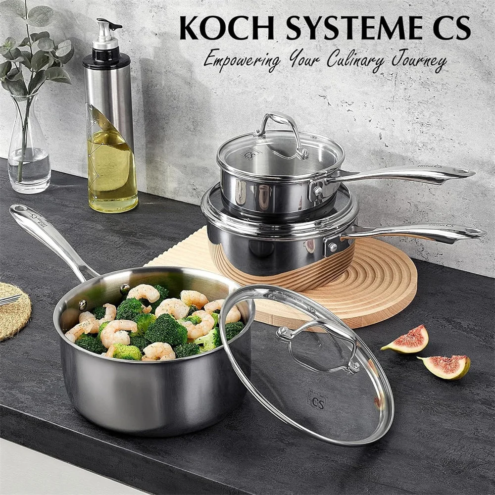 

KOCH SYSTEME CS 6PCS Triply Stainless Steel Saucepan Set 1QT & 2QT & 3QT Stainless Steel Pot Set with lid Kitchen Cooking Milk Pot Induction Compatible Pot Diswasher & Oven Safe