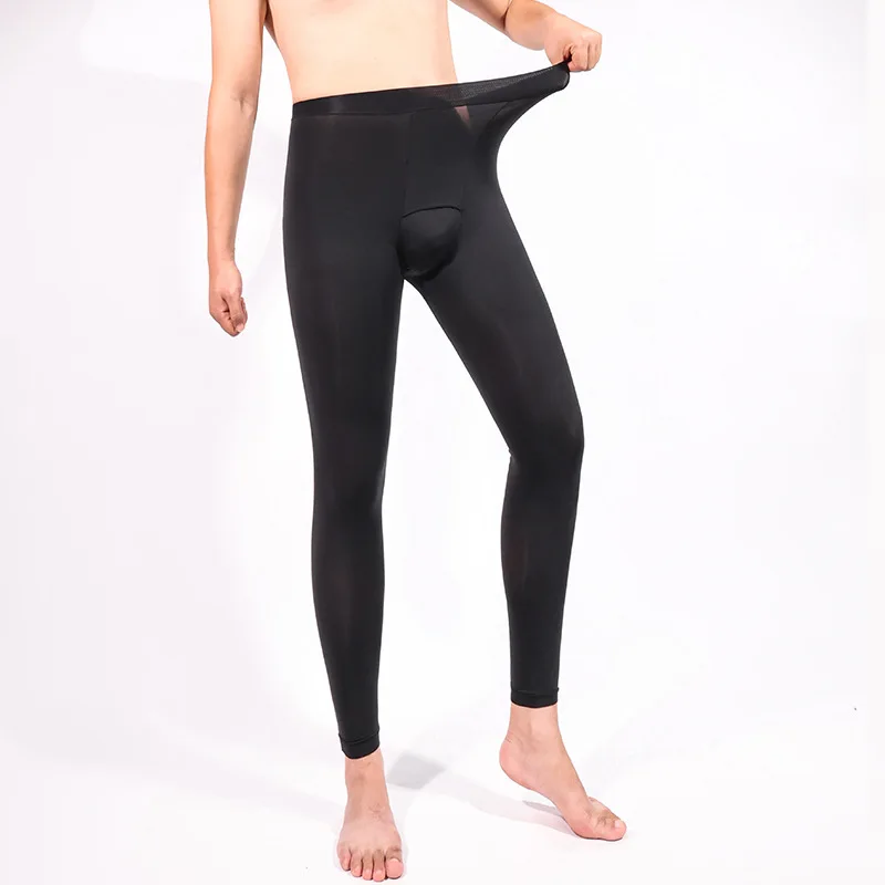 Men Thermal Underwear Leggings Oil Shiny U Convex Pouch Stockings Transparent Mesh Night Club Wear Seamless Baselayer Pants