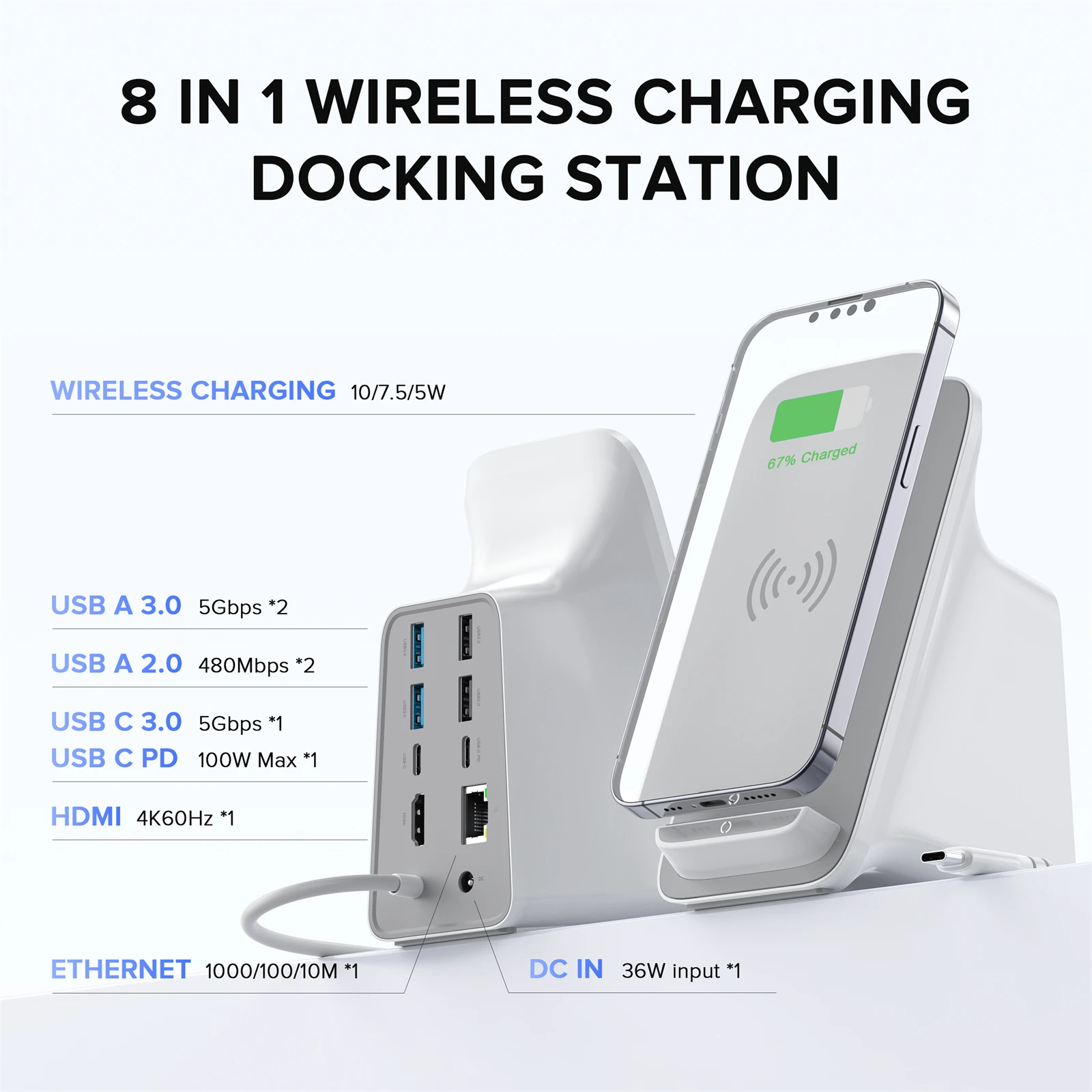 PULWTOP 8-IN-1 Laptop Docking Station, 10W Max Wireless Charging Pad, 4K@60Hz HDMI Display ,5 USB Ports PD100W RJ45, 36W DC