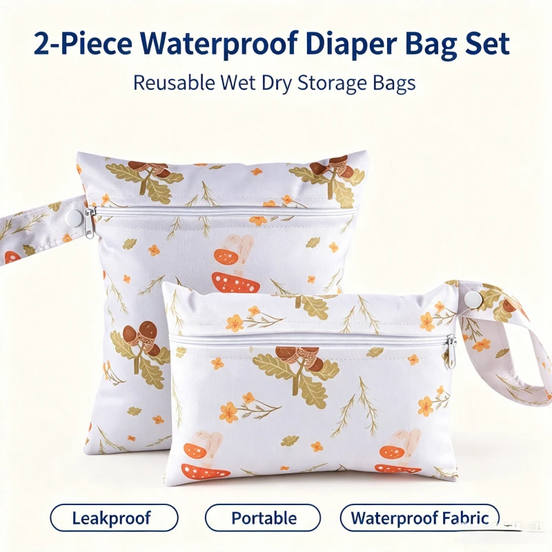 2PCS Waterproof Diaper Bags Set with Button Handle Baby Stroller Hanging Reusable Printed Portable Storage Pouches