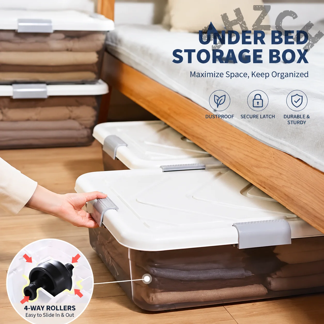 10cm Slim Underbed Storage Box with Rollers Clear Plastic Drawer Organizer Rolling Bedside Bins Low-Profile Storage Container