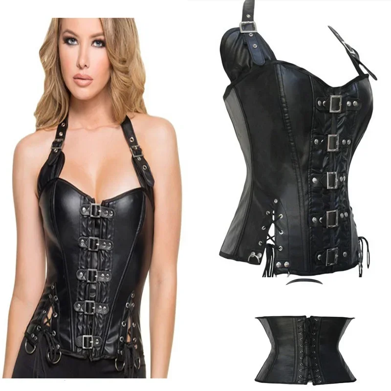 المرأة المشدات الكورسيهات الجلود كورسيه فوقي للنساء مع أبازيم الصلب الجوفاء Steampunk القوطية بوستير الخصر التدريب المشدية سترة