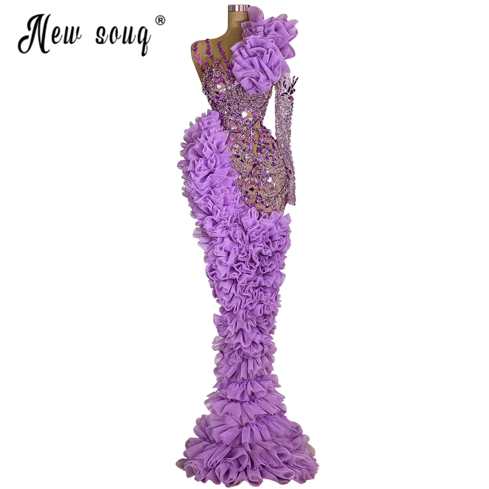 Vestidos De Fiesta Lavender Ruffles Tiered Pageant Party Gowns Women Celebrity Red Carpet Dress Aso Ebi Arabic Prom Gowns Beaded