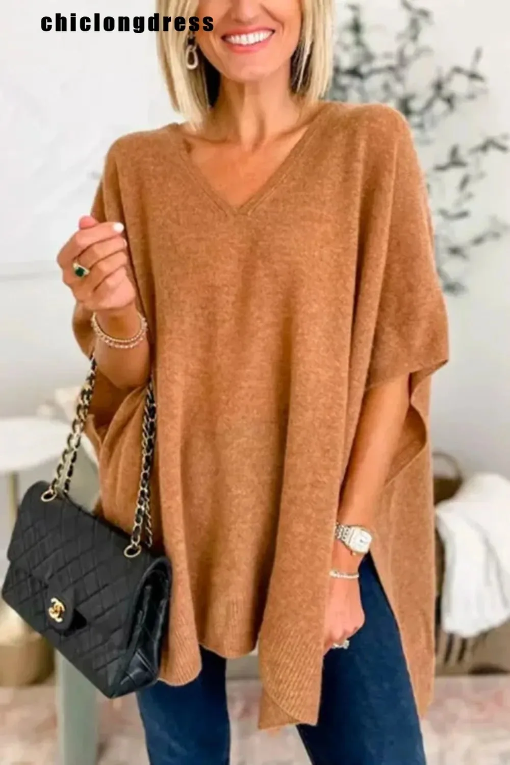 Women's V-Neck Bat Sleeve Split Pullover Sweater, Casual Loose Sweater, Monochromatic Fashion, Autumn, Winter, 2024