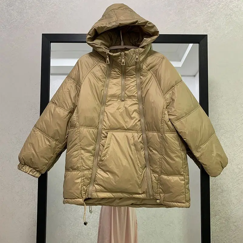 Winter New Large Women Down Coat Loose Windproof Hood Solid Fashion Three Zip White Duck Down Coat