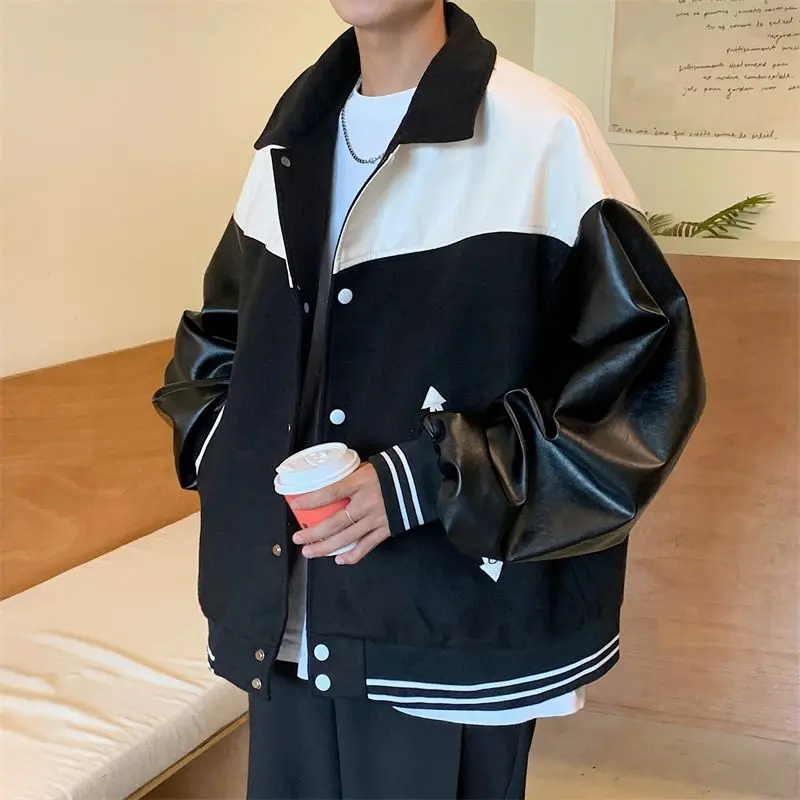 

Мужская и женская лоскутная куртка из искусственной кожи, уличная одежда большого размера, винтажный пиджак свободного покроя, верхняя одежда для пар на весну и осень