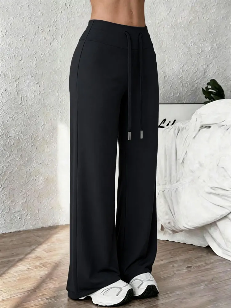 Womens Drawstring Wide Leg Yoga Pants High Waist  Straight Leg Leggings Breathable Loose Trousers For Gym Running Fitness Sports