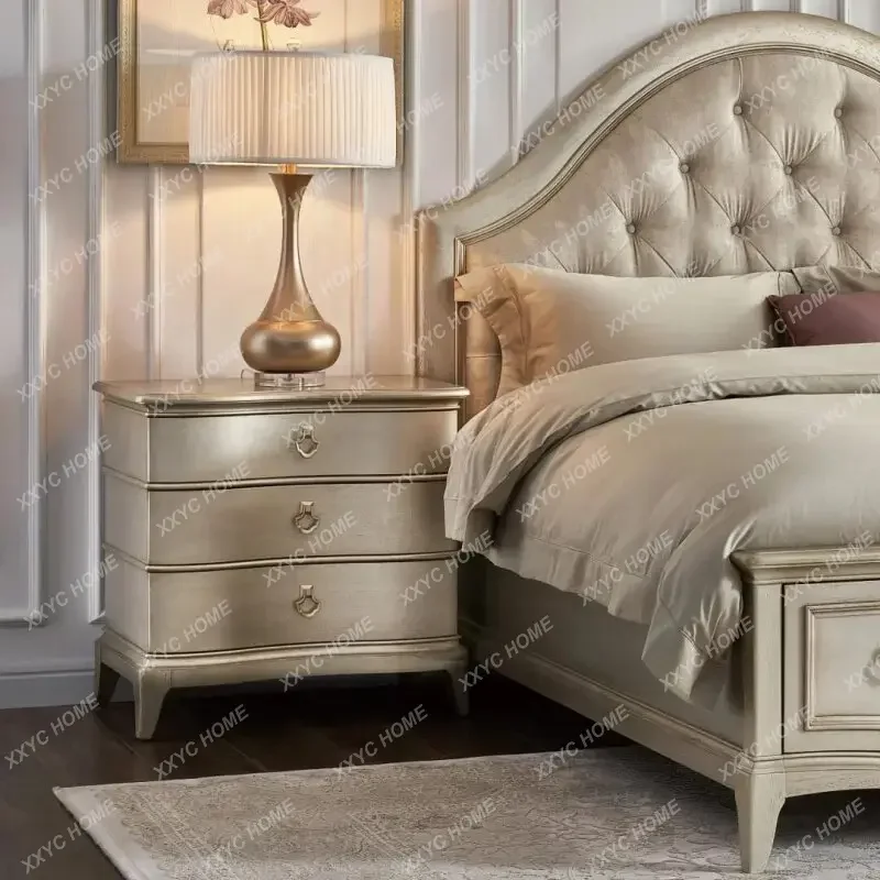 Light luxury solid wood bedside table silver three-drawer locker