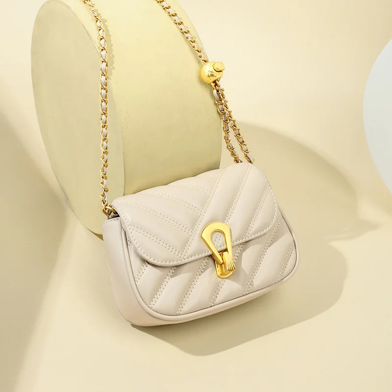 Women's Crossbody Mini Bag - Versatile Chain Strap Checkered Soft Genuine Leather Underarm Commuter Tote