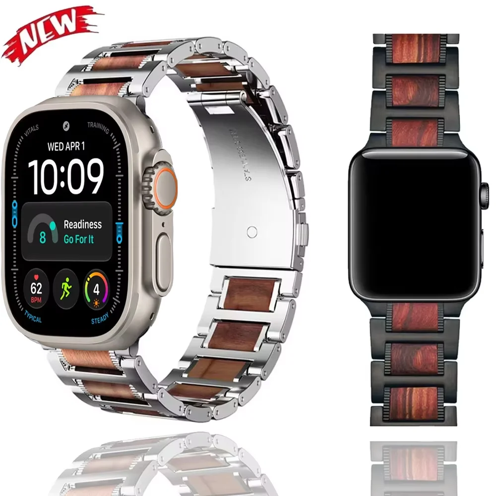 Red Wooden Strap for Apple Watch Ultra 4/3/2/1 49mm 12 11 10 42mm 46mm 9 8 7 45/41mm Bracelet iWatch 6 5 SE3 44/40mm Metal Frame