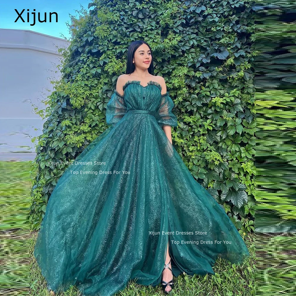 

Xijun Sparkly Green Tulle Evening Dresses Sweetheart Slit A-Line Prom Gowns Floor Length Formal Prom Dresses Women Party Dresses