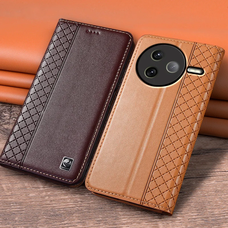 

For XIAOMI POCO F7 Pro Ultra 5G Flip Case Grid Pattern Magnetic Cover Luxury Cowhide Genuine Leather Card Pocket Wallet Cases