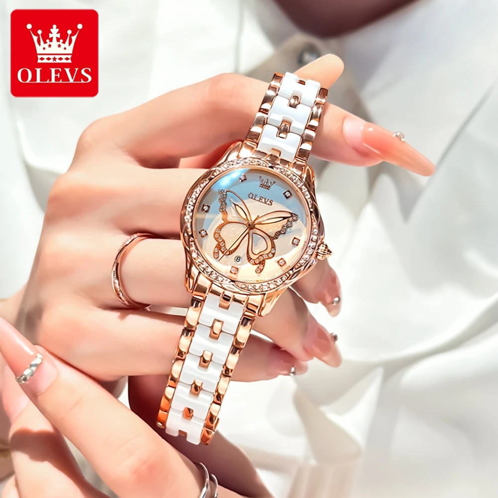 OLEVS Luxury Brand Women\'s Watches Butterfly Dial Original Quartz Watch for Girl Waterproof Luminous Date Bracelet Gift Box 2024