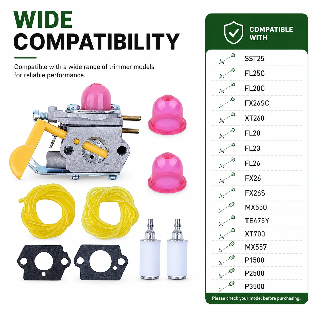 For Poulan Weed Eater FL25C FL20C FX26SC XT260 MX550 Trimmer Carb Gasket Fuel Filter Kit Replaces 530071822 545081808 545081807