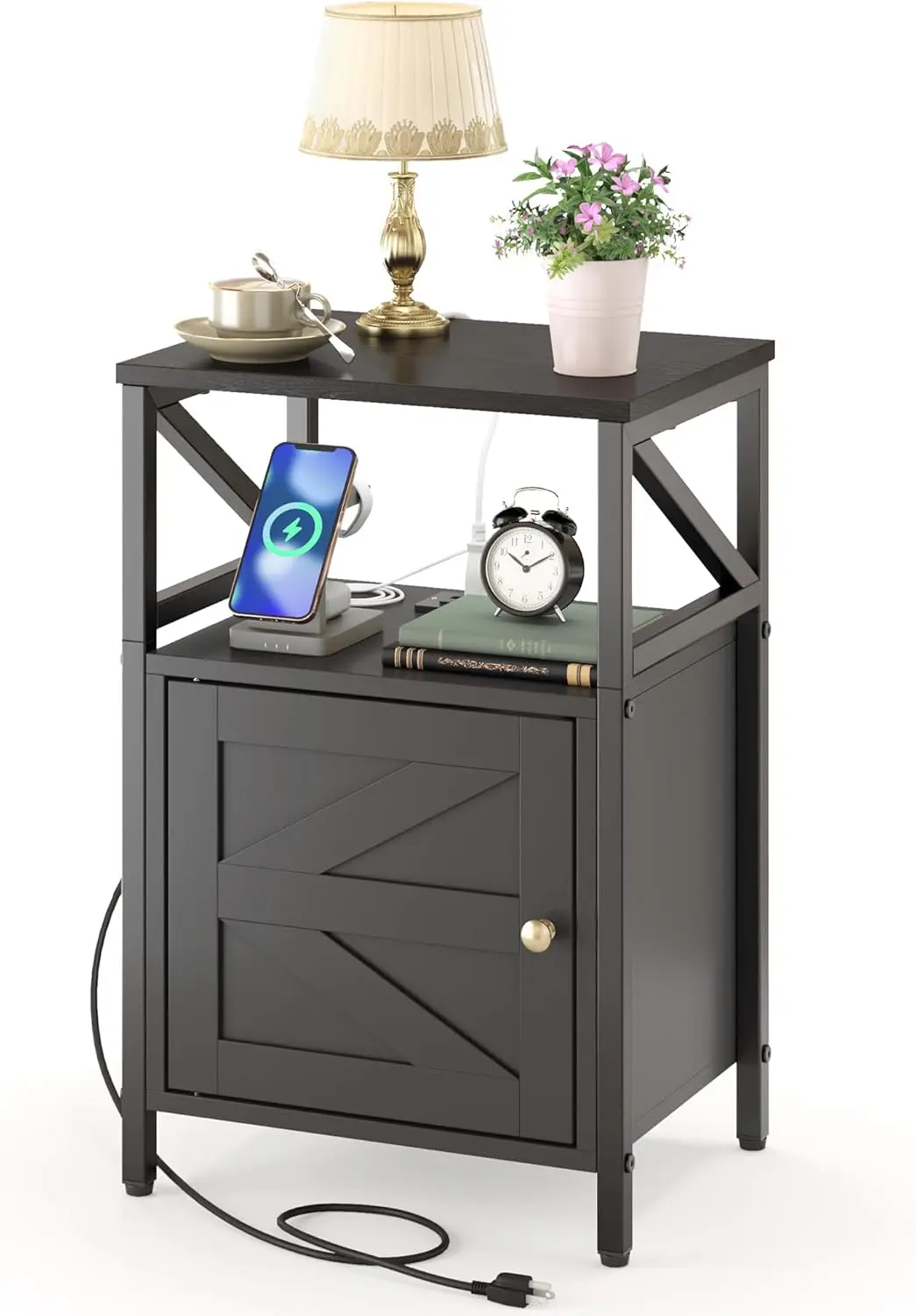 

Farmhouse Side Table with Charging Station -3-Tier USB Ports & Outlets End Table, Compact Bedside Storage Table for Small Spa