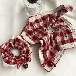 Women's Scrunchies Sweet Style Red Check Cherry Scrunchie Lace Lace Cherry Square Scarf Hair Rope Hair Accessories Girls Gift