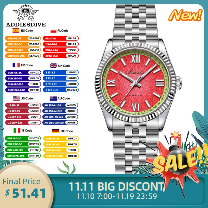 

ADDIESDIVE New AD2535 Quartz Watches Fun Fruit Series VH31 Sapphire Glass Waterproof 10Bar BGW9 Luminous Luxury Men Dress Watch