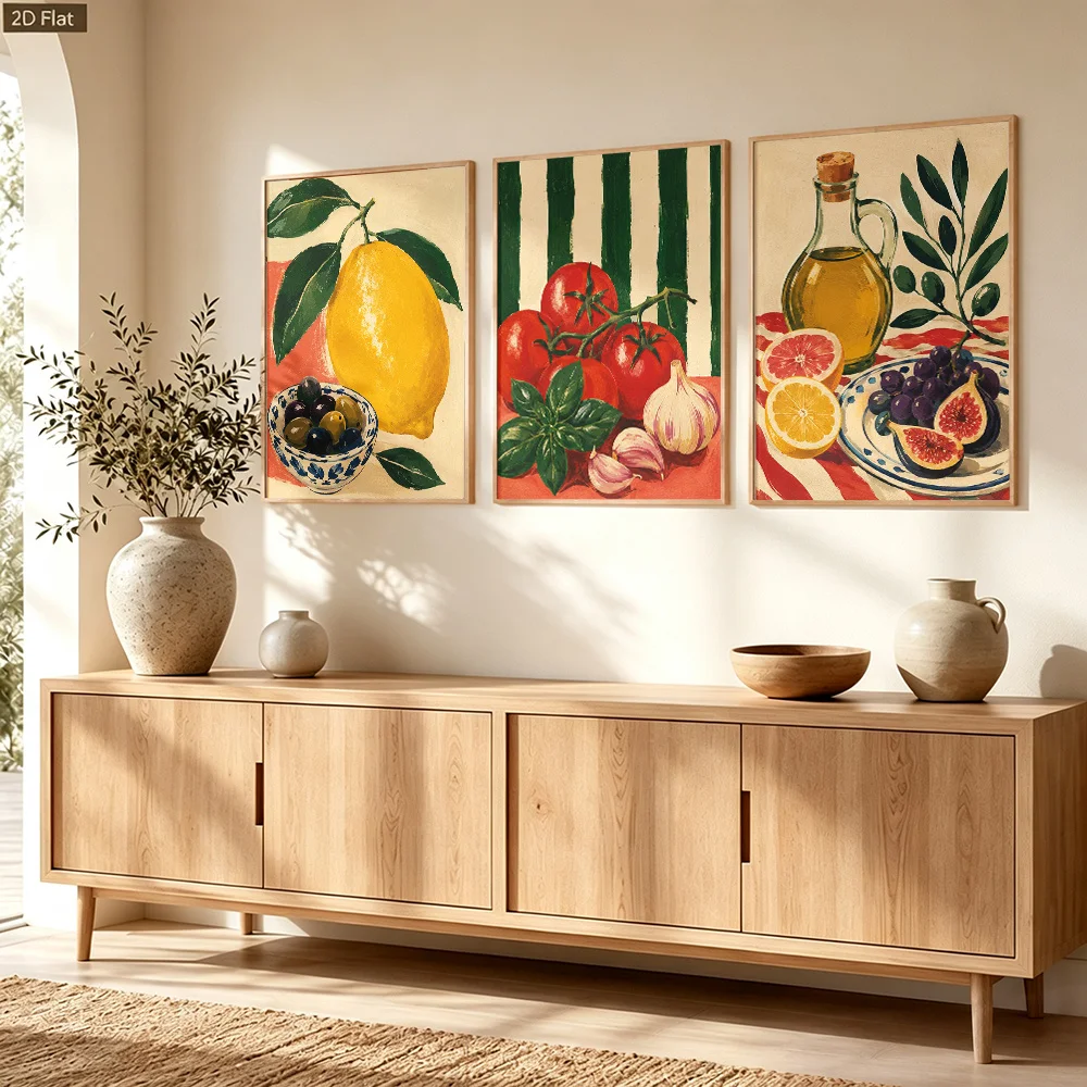 3 Pcs Vintage Fruit Vegetable Canvas Poster Wall Art, 2D Print Wall Decor, Home Decoration For Kitchen Living Room Bedroom