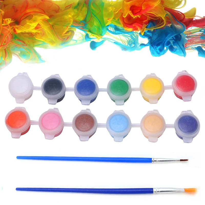 12 Colors 2 Paint Brushes Paints Set Oil Painting Watercolor Hand Wall Painting