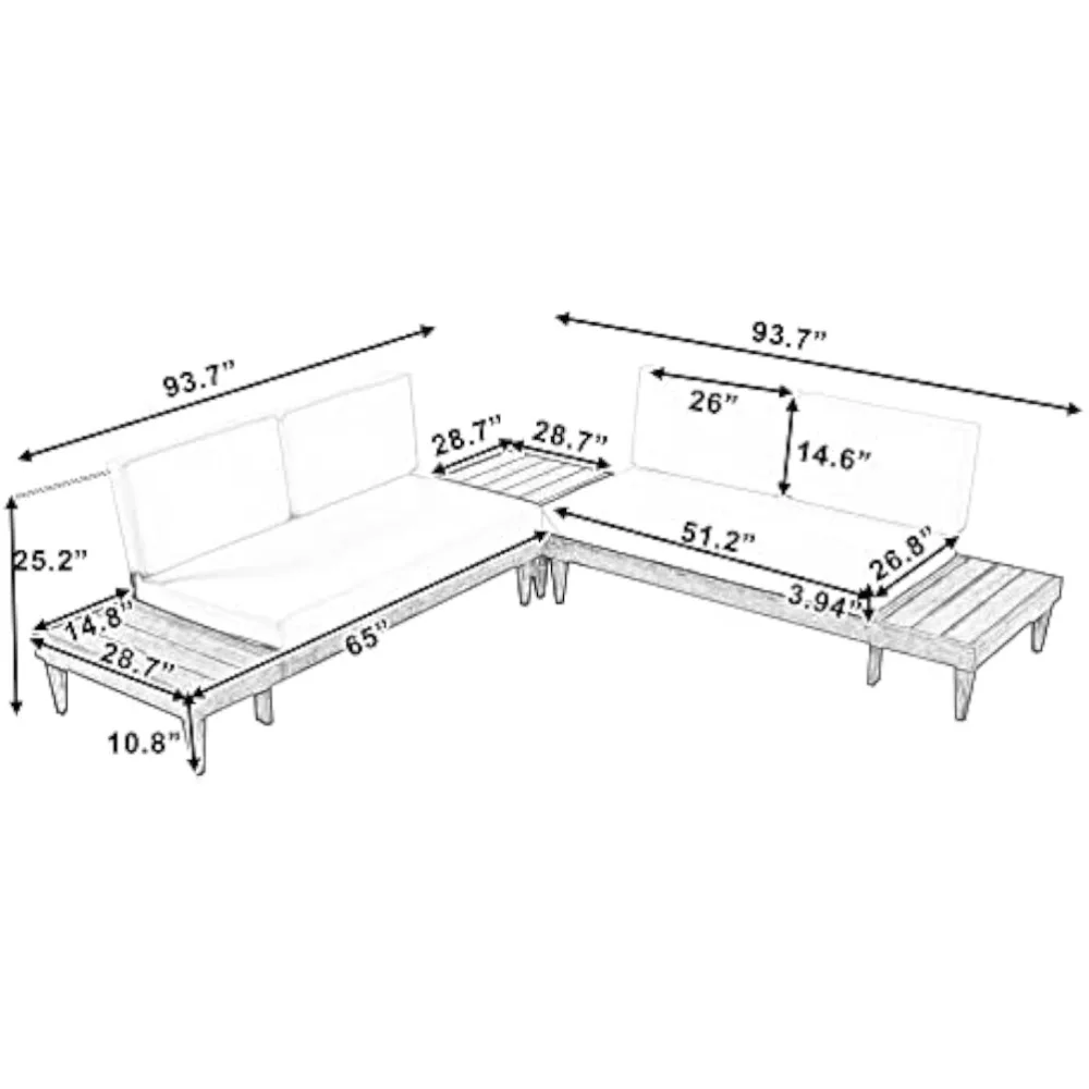 Sectional Sofa 3-Piece 4-Seater,Includes Coffee Wood Frame,Water-Resistant, Outdoor Set with Side Table and Cushions, Grey+Beige