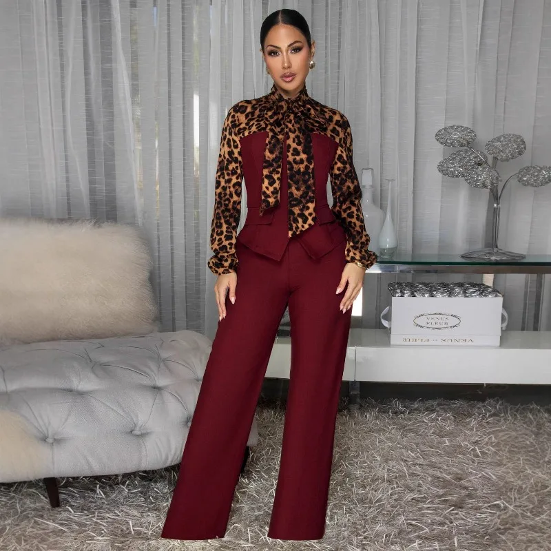 Doyerl Tute stile camicia patchwork leopardata per donna Elegante vintage manica lunga vita alta pagliaccetti interi tuta da donna