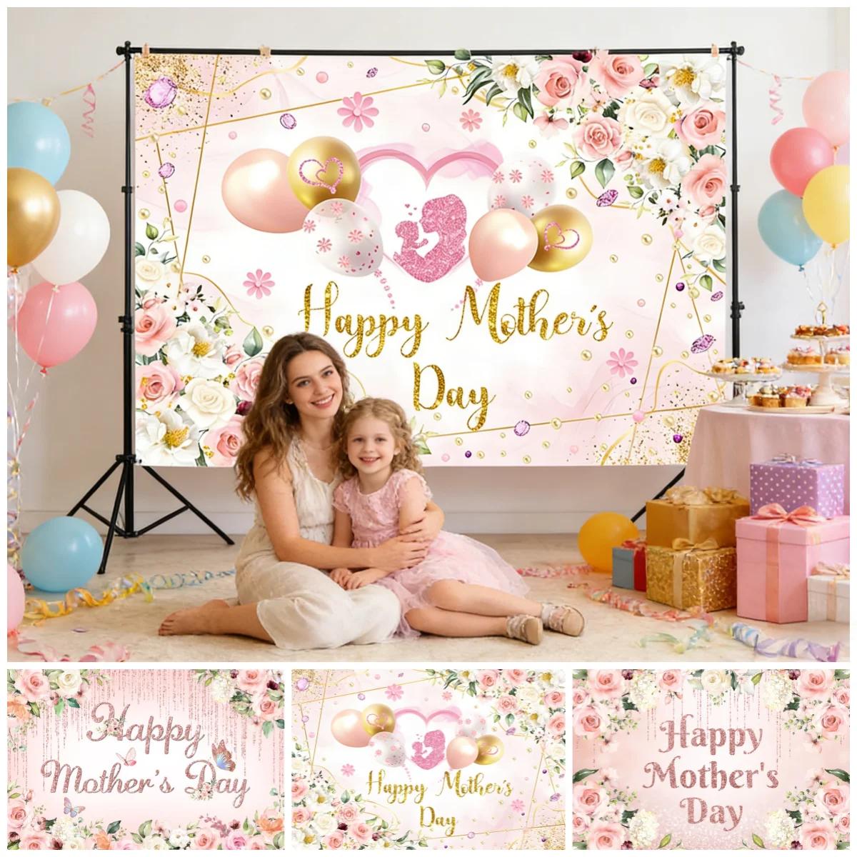 

Фоны с Днем матери для фотографий Розовые золотые блестящие воздушные шары Цветы Бабочка Украшения на день рождения Фоны