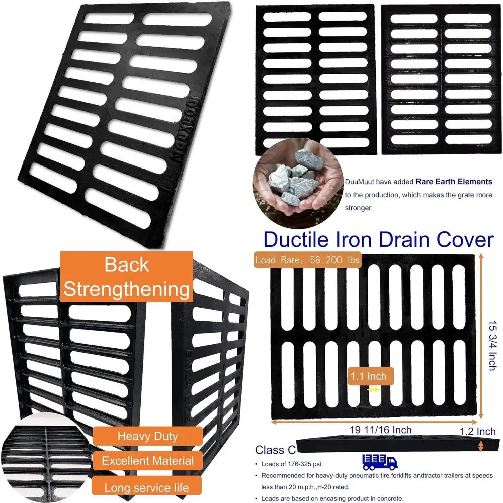 

Heavy-Duty 20x16 Inch Cast Iron Outdoor Drain Cover, C-Class Sewage Grate, Black Rectangular for Driveways and Yards