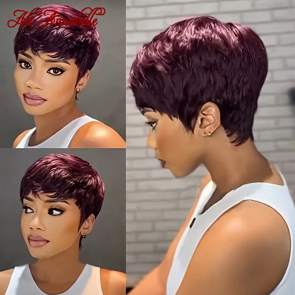 Ali Annabelle Hair 4 Inch Red 99J Burgundy Pixie Cut Wigs with Bangs Human Hair Wigs for Women Full Machine Made Wigs Daily Wear - Image 4