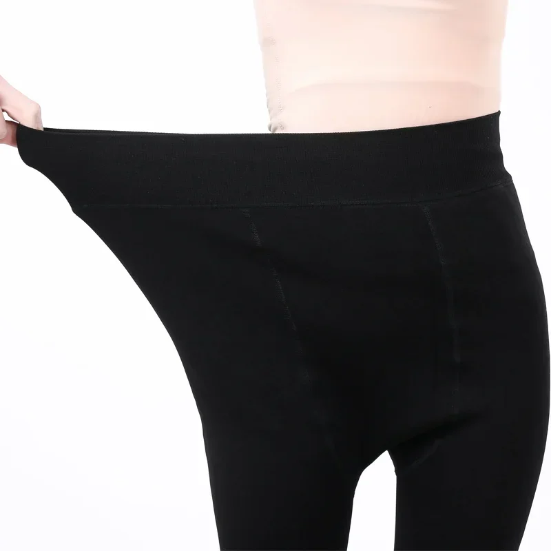 Meia-calça de veludo espessa para mulheres, leggings de cintura alta, calças quentes, monocromáticas, elásticas, pretas, femininas, inverno