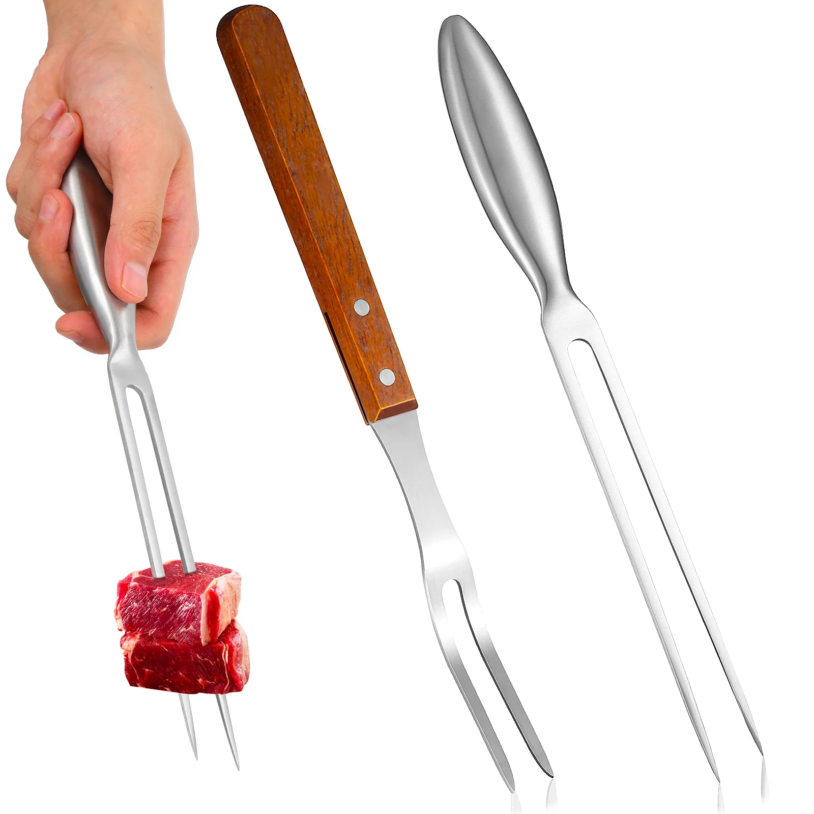 

2pcs Stainless Steel Bbq Carving Roasting Grilling Tool Barbecue Serving Wood Handle Forks Camping Steak Roasting Grill Fork