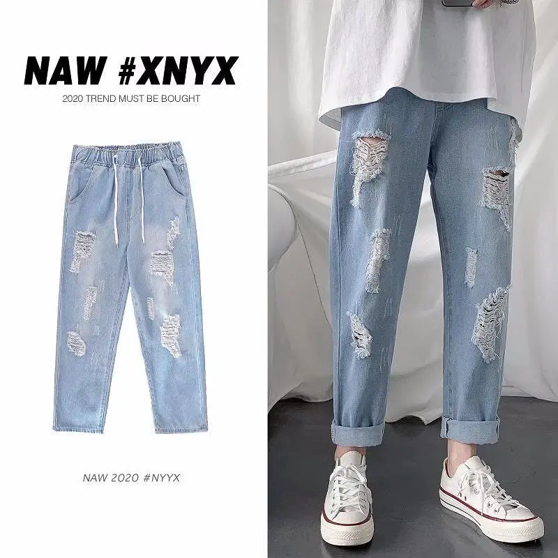 

Trendy Men's Loose Straight Leg Jeans Hollow out Summer Thin Wide Leg Pants Casual mid Low Waist Zipper Micro Stretch