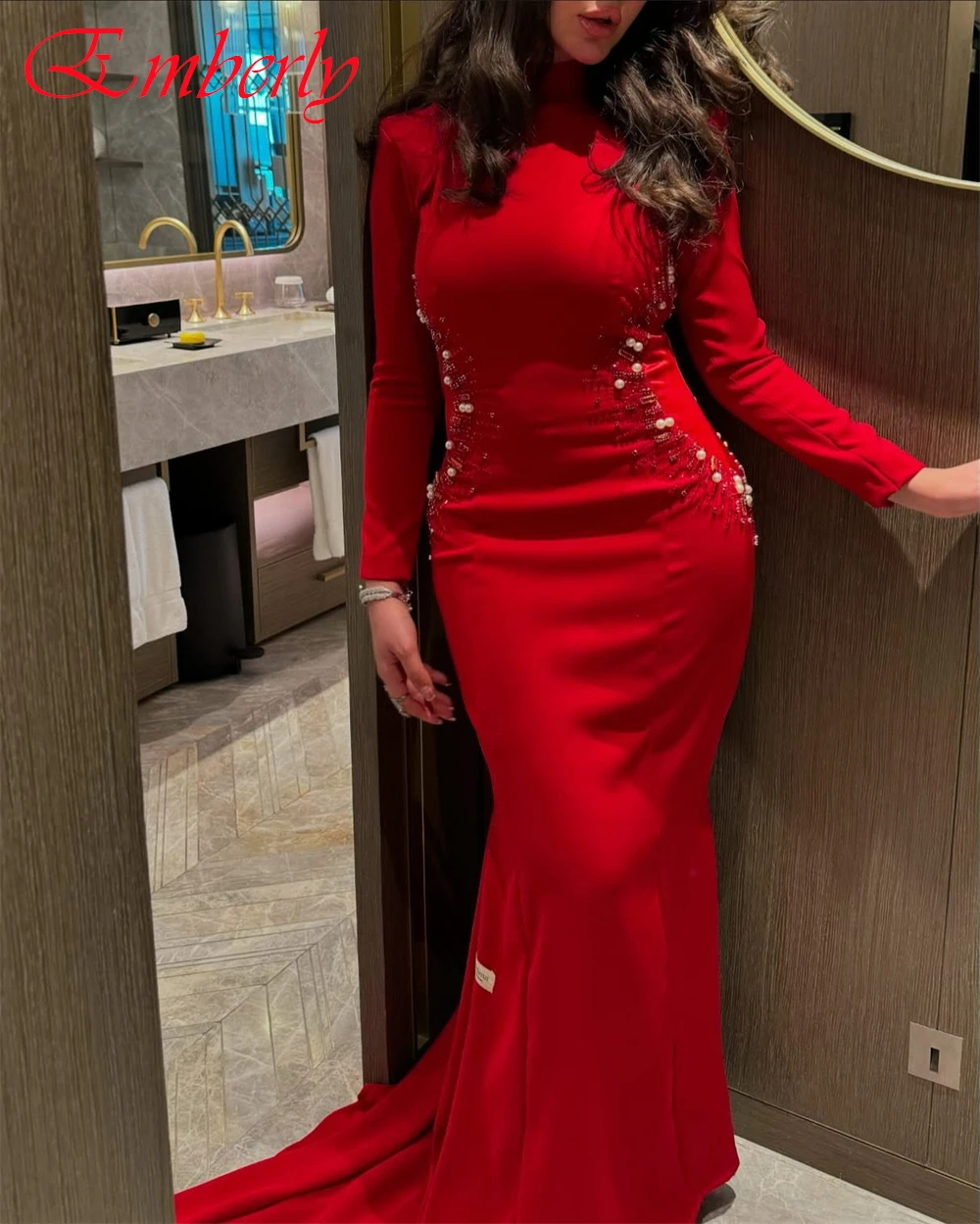 Jersey personalizado gola alta mangas compridas sereia vestido de noite requintado cristal vestidos de baile luxo ocasião especial vestidos