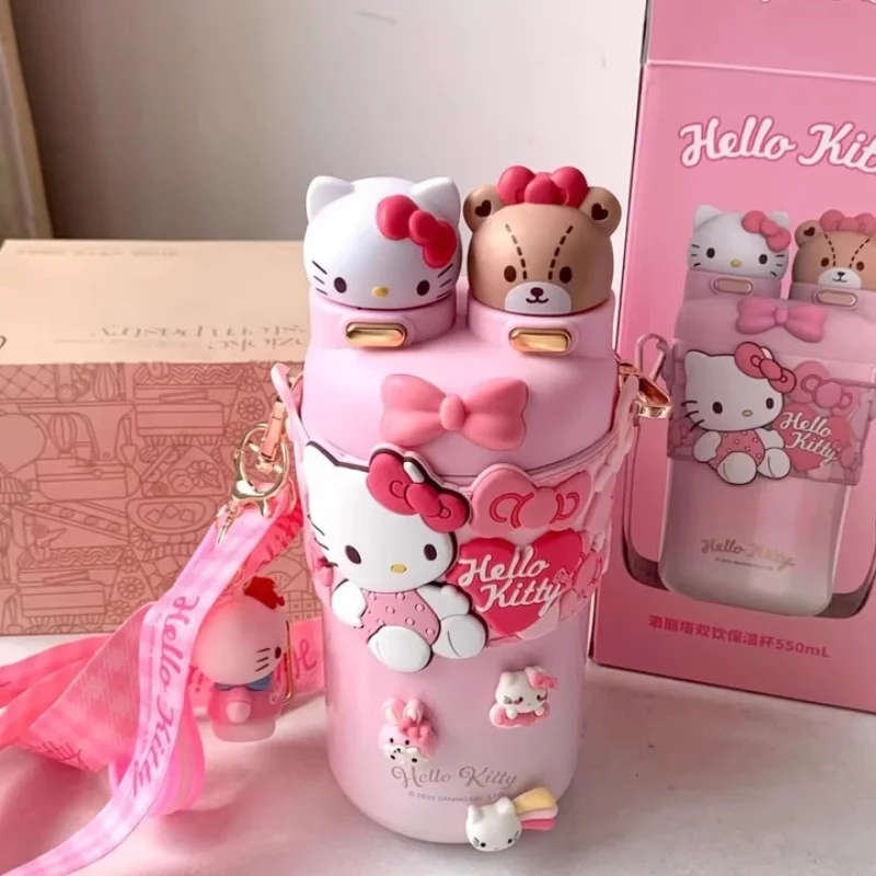 New Sanrio 550ml Hellokitty Double Drinking Cup Insulated Cup Birthday Gift For Girls To Give To Friends Practical Grade Beauty