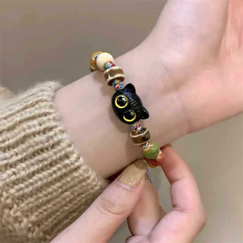 2024 Vintage Cute Big Eye Cat Couple Bracelet with Skull Colourful Tassels Ceramic Braided Rope Bracelets Fashion Women Jewelry